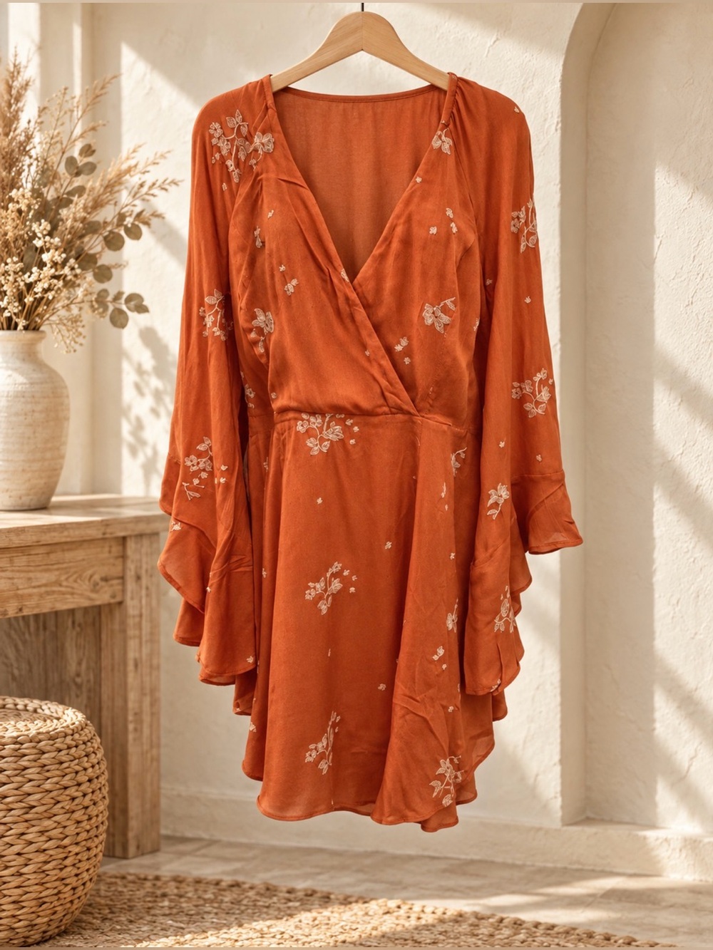 Free People Orange floral bell sleeve mini dress size 8